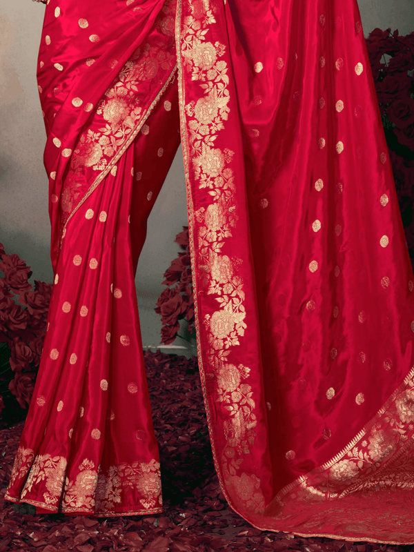 Crimson Red Banarasi Satin Silk Saree