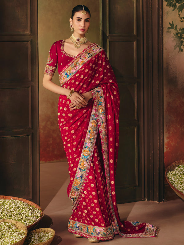 Crimson Red Bandhani Banarasi Georgette Saree