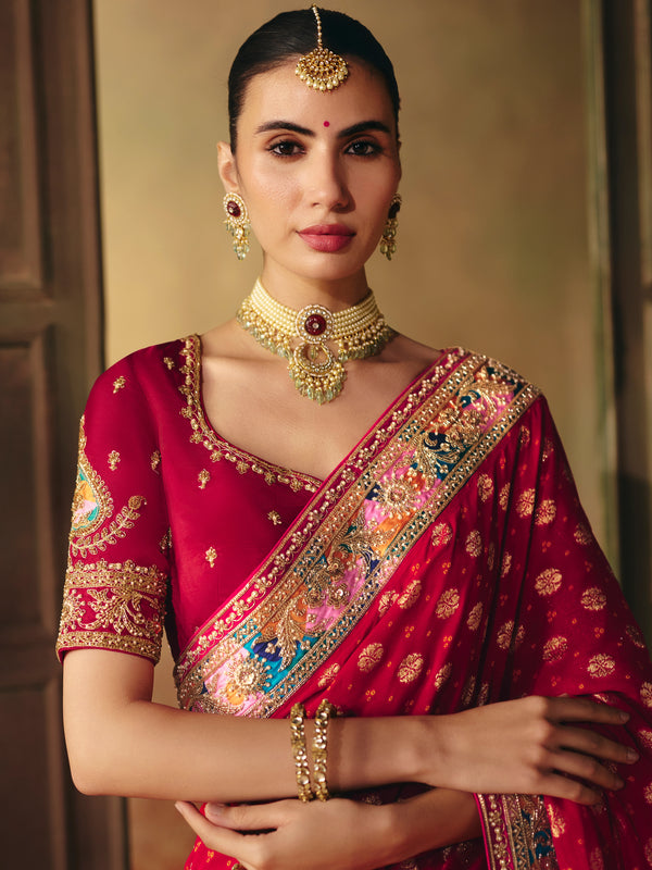 Crimson Red Bandhani Banarasi Georgette Saree, pallu and blouse