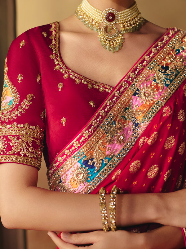 Crimson Red Bandhani Banarasi Georgette Saree, blouse close-up