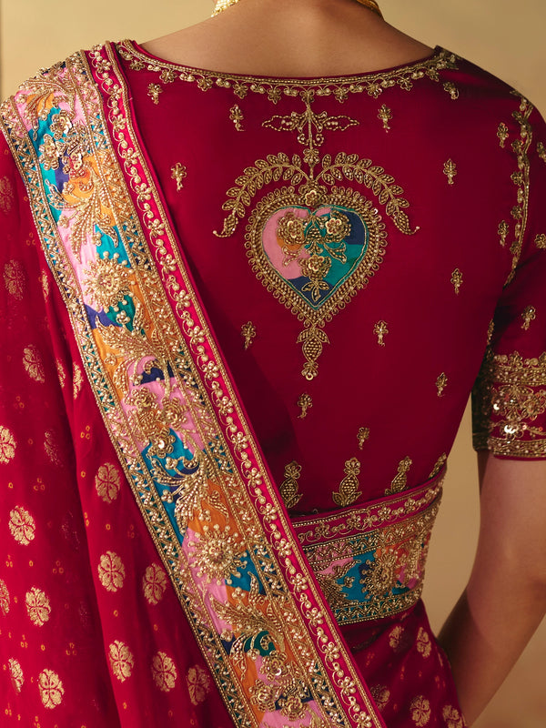 Crimson Red Bandhani Banarasi Georgette Saree, back view