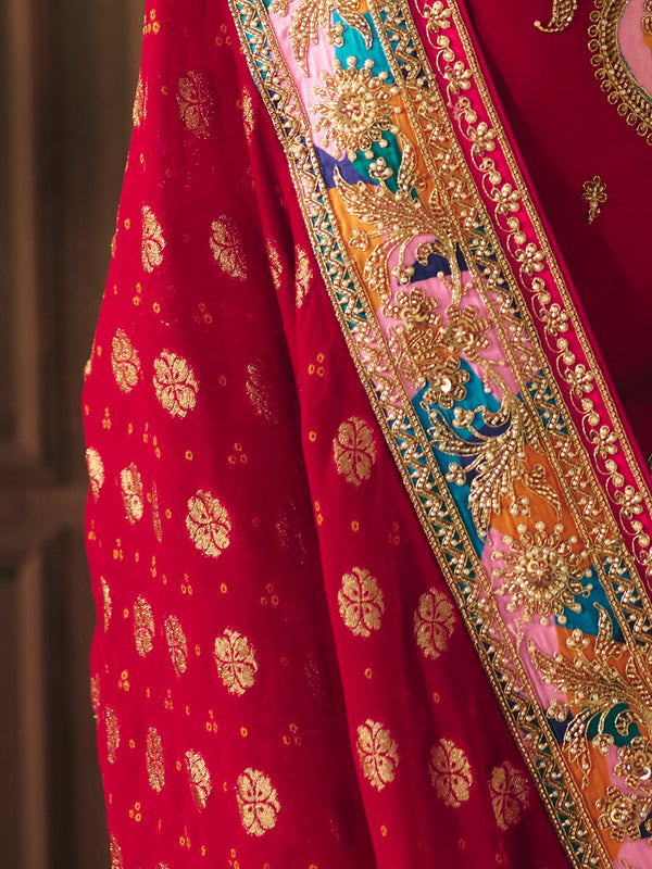 Crimson Red Bandhani Banarasi Georgette Saree, border and drape