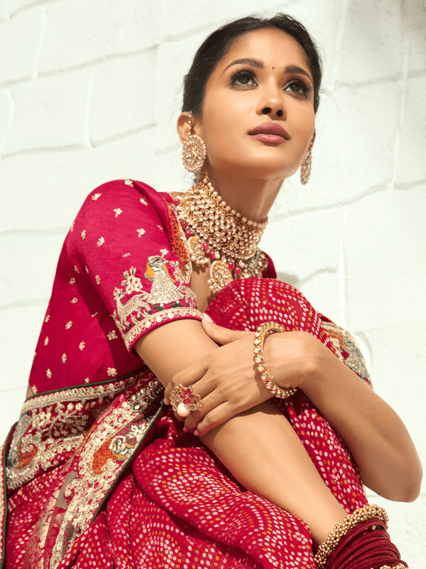 Crimson Red Bandhani Banarasi Georgette Saree With Contrast Blouse