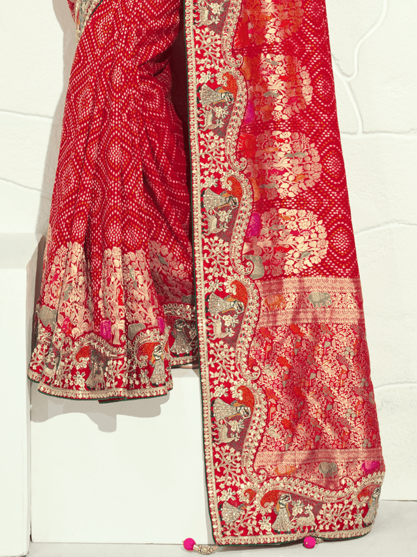 Crimson Red Bandhani Banarasi Georgette Saree With Contrast Blouse