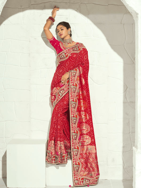 Crimson Red Bandhani Banarasi Georgette Saree With Contrast Blouse