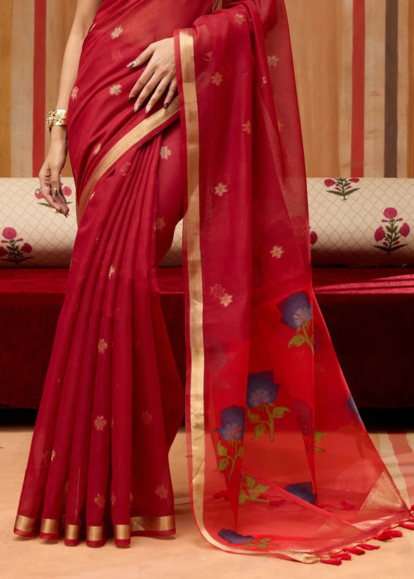 Crimson Red Cotton Silk Saree