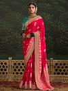 Crimson Red Designer Banarasi Dola Silk Saree With Golden Zari Work