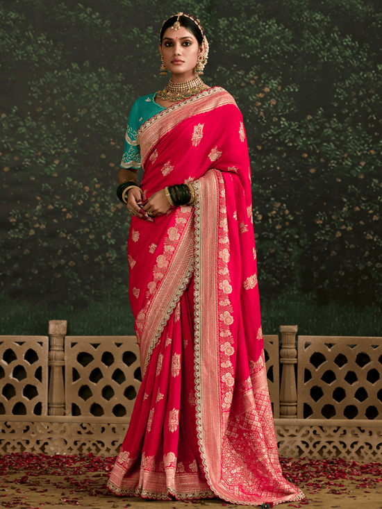 Crimson Red Designer Banarasi Dola Silk Saree With Golden Zari Work