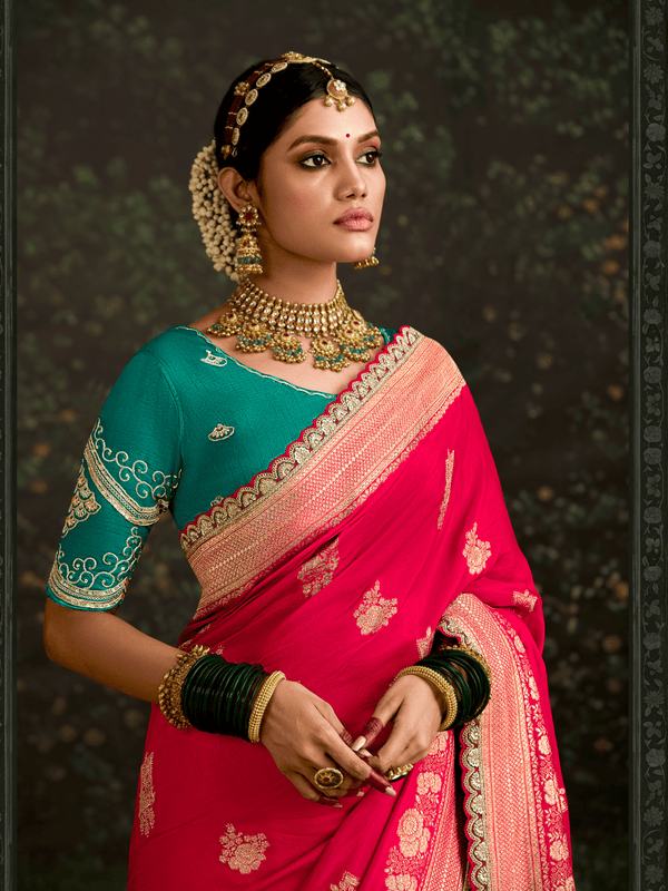 Crimson Red Designer Banarasi Dola Silk Saree With Golden Zari Work
