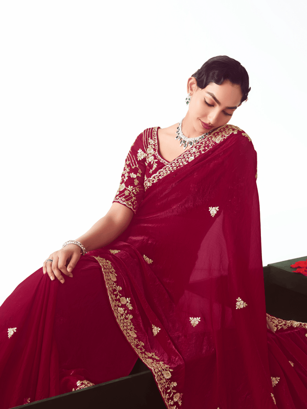 Crimson Red Embroidered Designer Satin Silk Saree