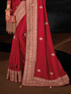 Crimson Red Embroidered Designer Satin Silk Saree