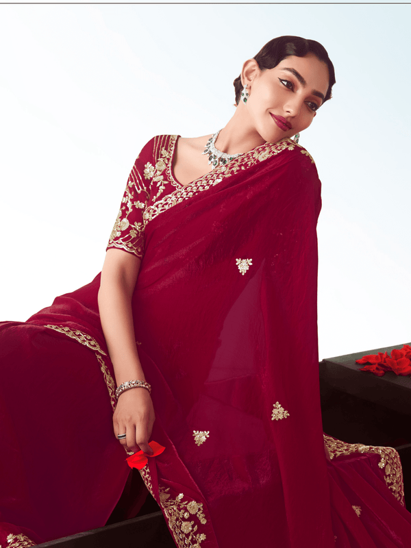 Crimson Red Embroidered Designer Satin Silk Saree