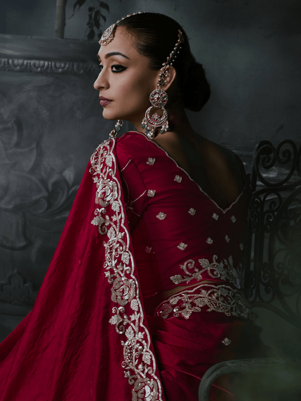 Crimson Red Embroidered Designer Satin Silk Saree
