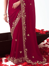 Crimson Red Embroidered Designer Satin Silk Saree
