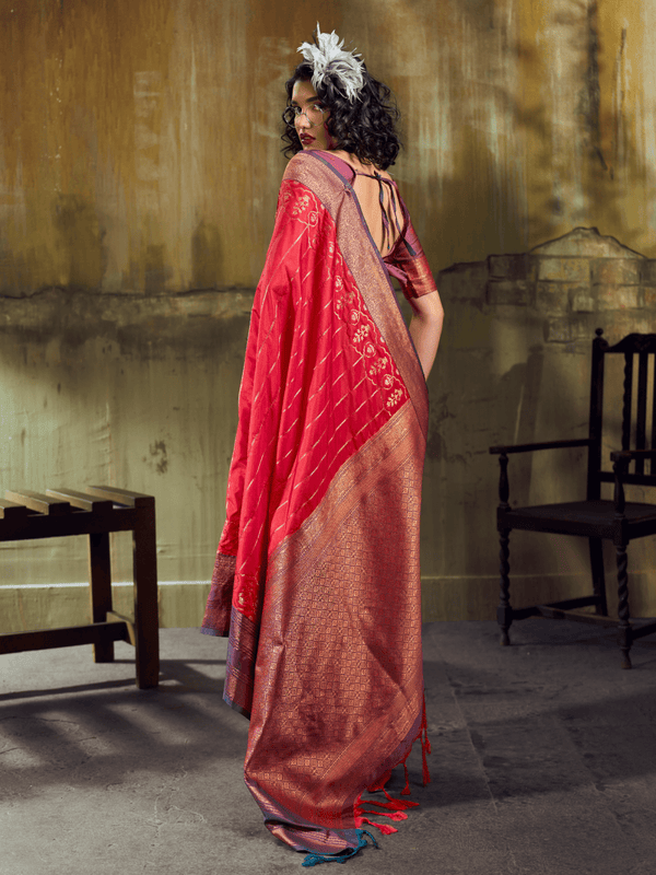 Crimson Red Kanjivaram Silk Saree With Contrast Blouse