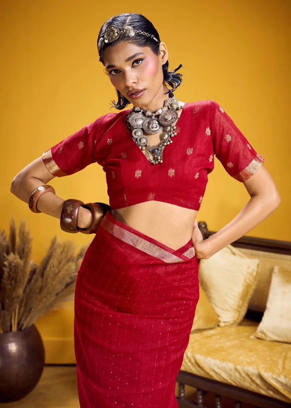 Crimson Red Linen Silk Saree