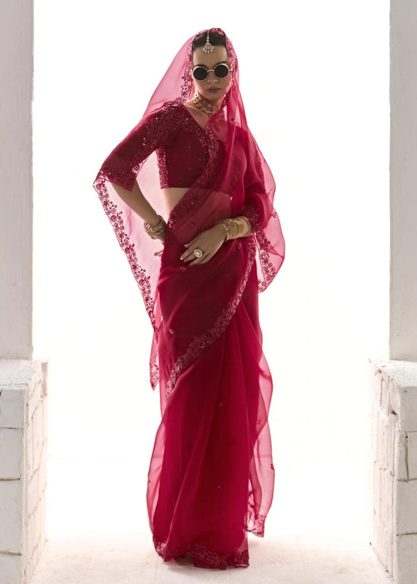 Crimson Red Organza Tissue Silk Saree