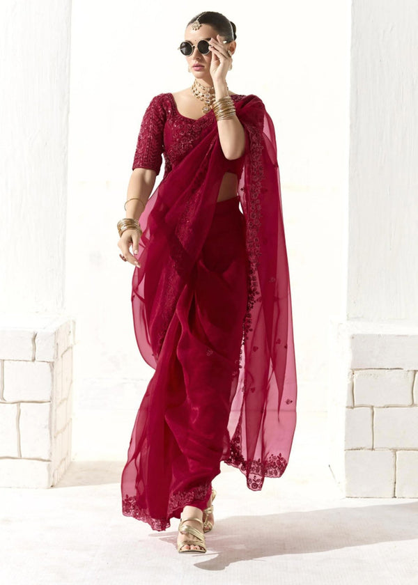 Crimson Red Organza Tissue Silk Saree