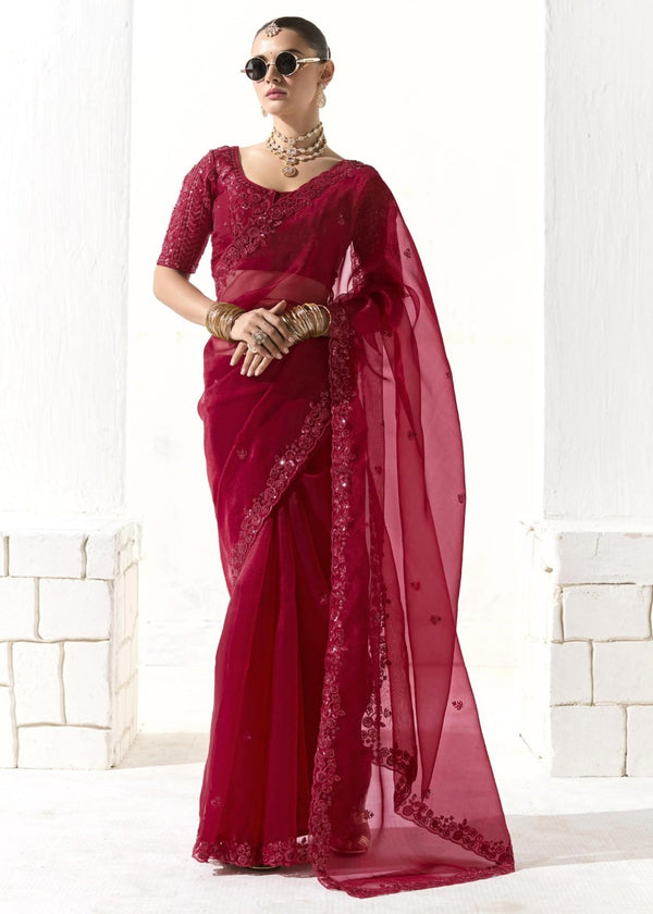 Crimson Red Organza Tissue Silk Saree