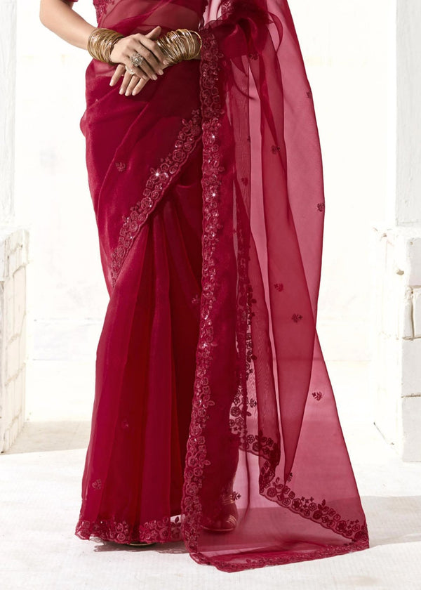 Crimson Red Organza Tissue Silk Saree