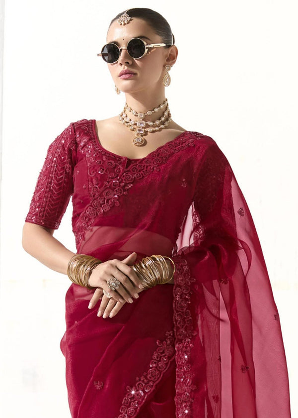 Crimson Red Organza Tissue Silk Saree