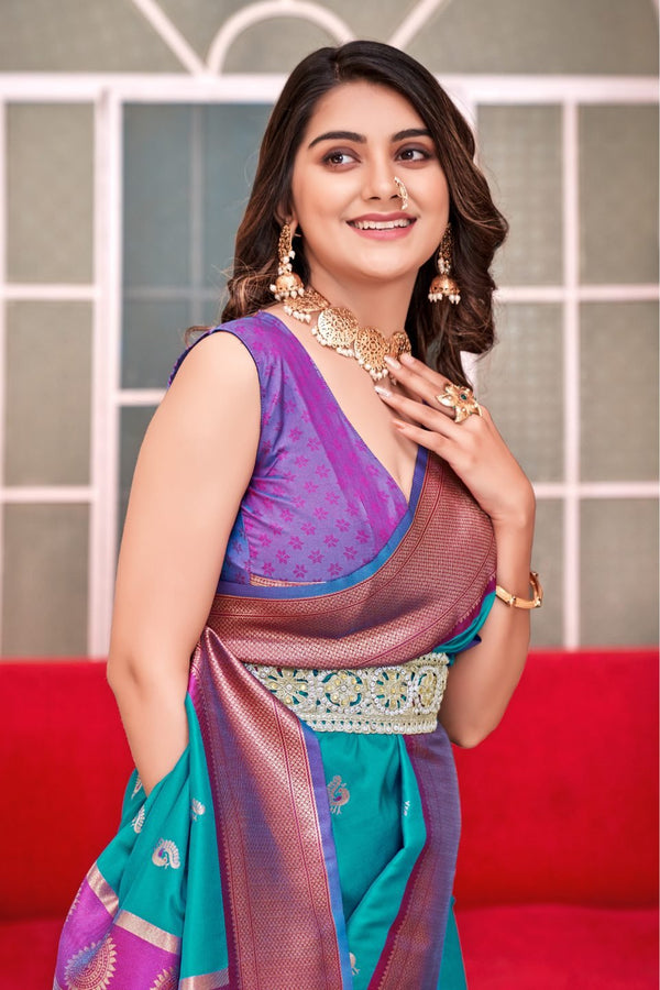 Cyan Blue Woven Soft Peshwai Paithani Silk Saree