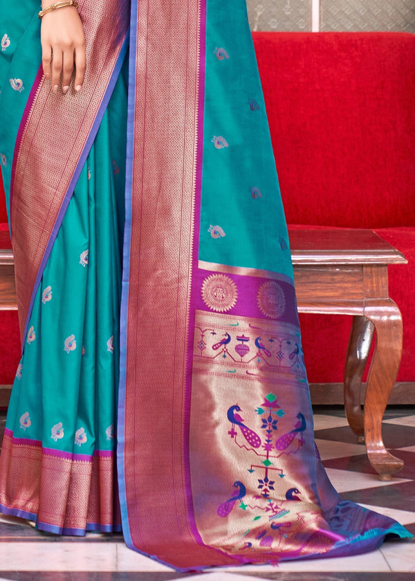 Cyan Blue Woven Soft Peshwai Paithani Silk Saree