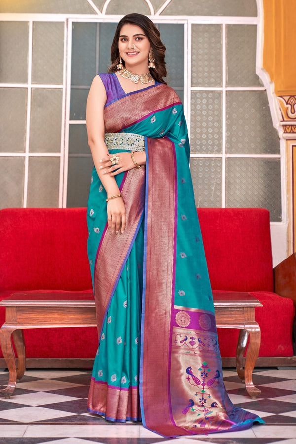 Cyan Blue Woven Soft Peshwai Paithani Silk Saree
