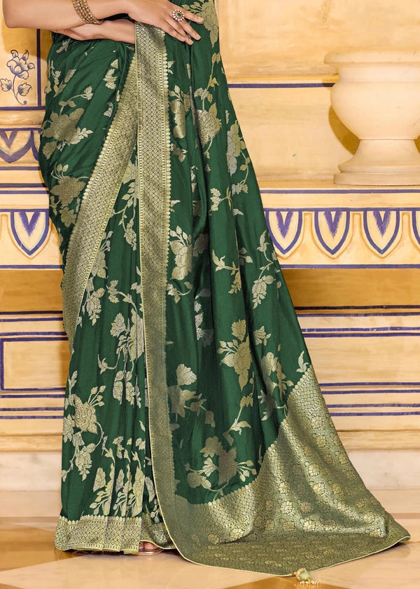 Dark Emerald Green Banarasi Crepe Silk Saree with Pista Contrast Blouse