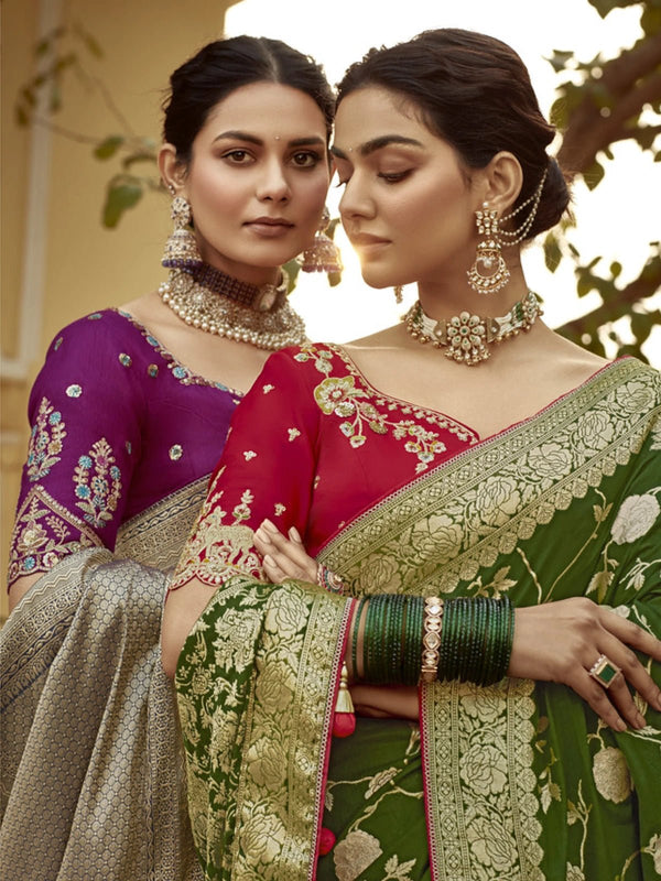 Dark Green Banarasi Silk Saree With Contrast Blouse