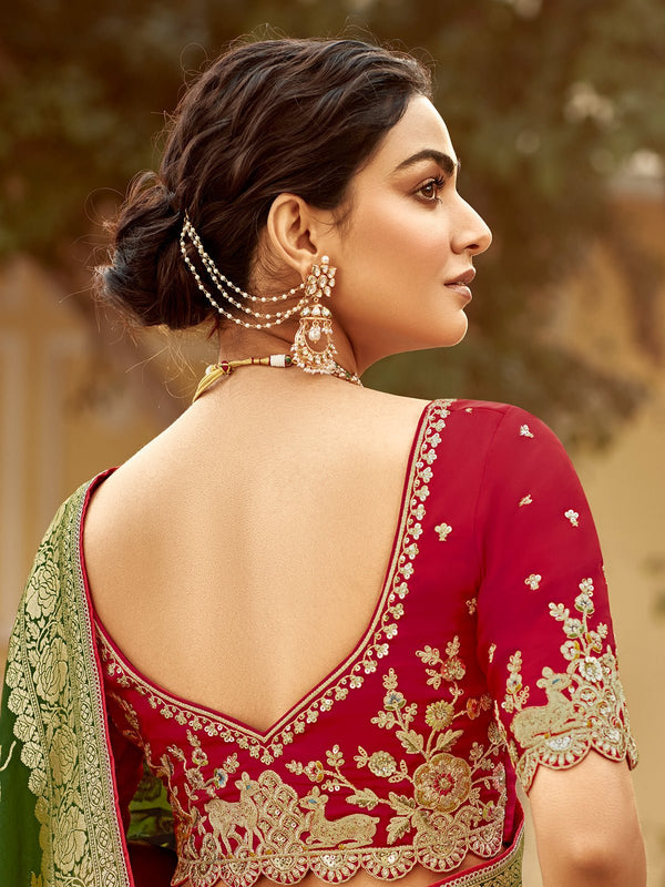 Dark Green Banarasi Silk Saree With Contrast Blouse