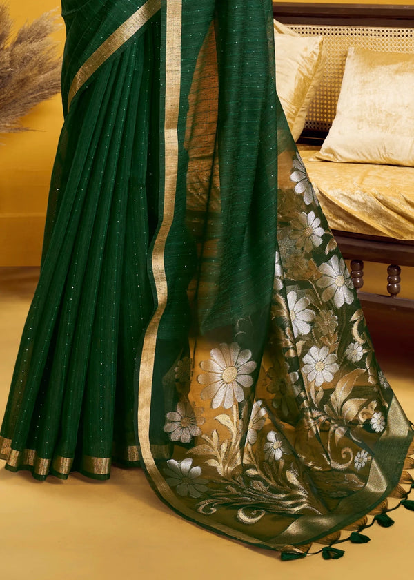Dark Green Linen Silk Saree