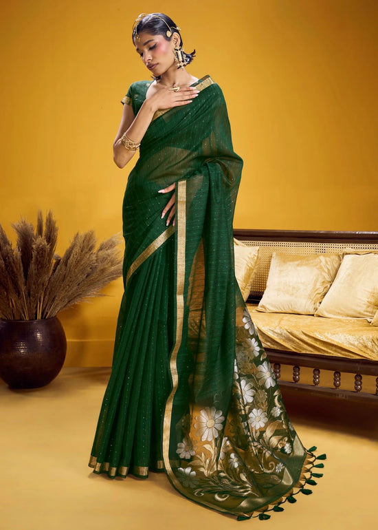 Dark Green Linen Silk Saree
