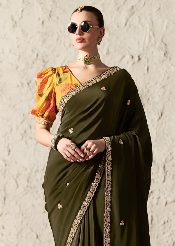 Dark Olive Green Designer Organza Saree with Yellow Contrast Blouse