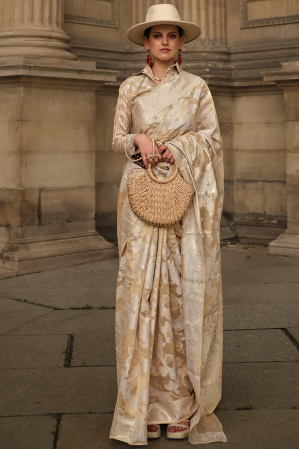 Dark Vanilla And Beige Lucknowi Chikankari Organza Saree