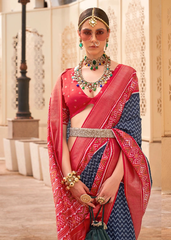 Deep Blue And Cadmium Purple Woven Printed Patola Silk Saree