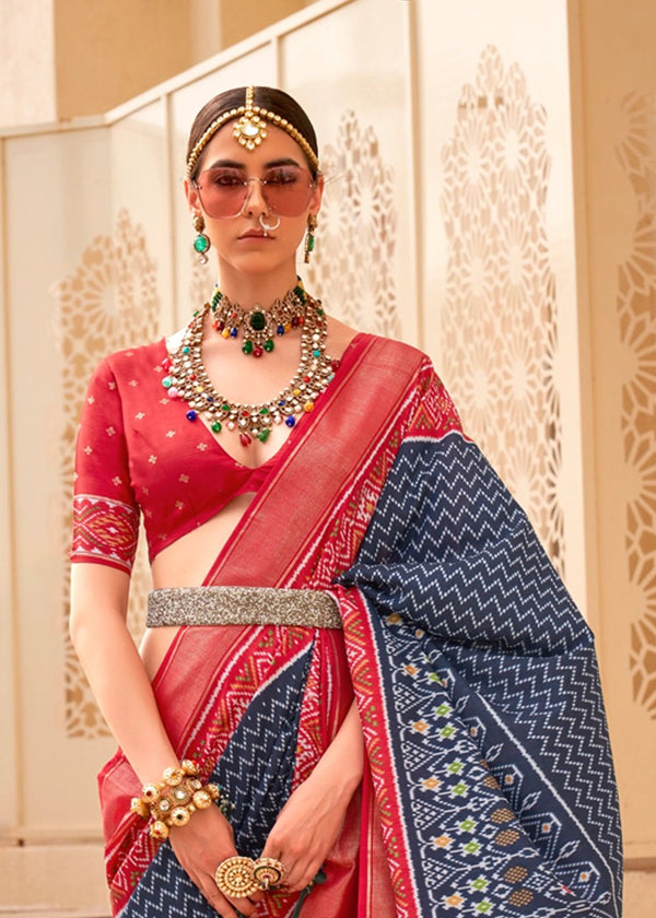 Deep Blue And Cadmium Purple Woven Printed Patola Silk Saree