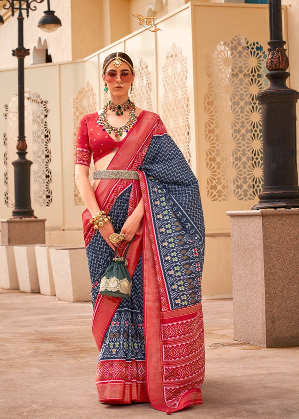 Deep Blue And Cadmium Purple Woven Printed Patola Silk Saree