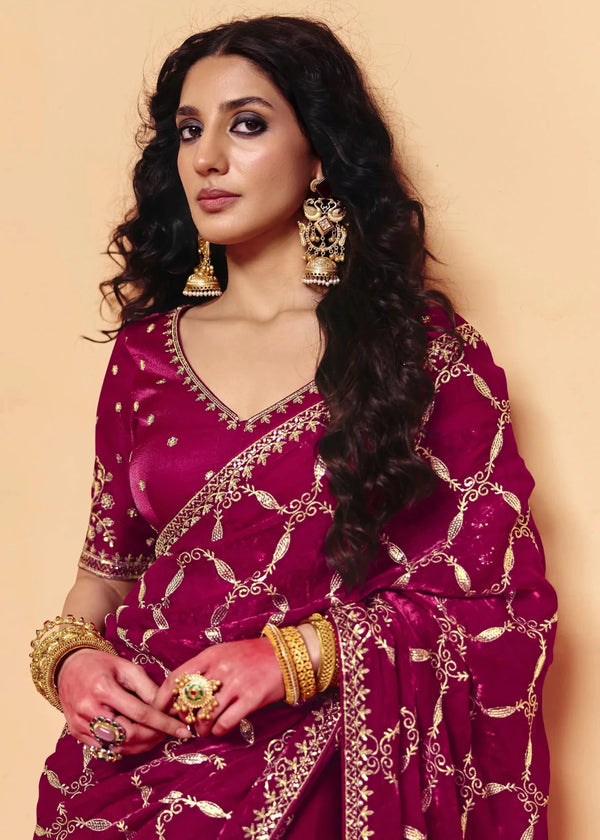Deep Magenta Satin Silk Designer Saree