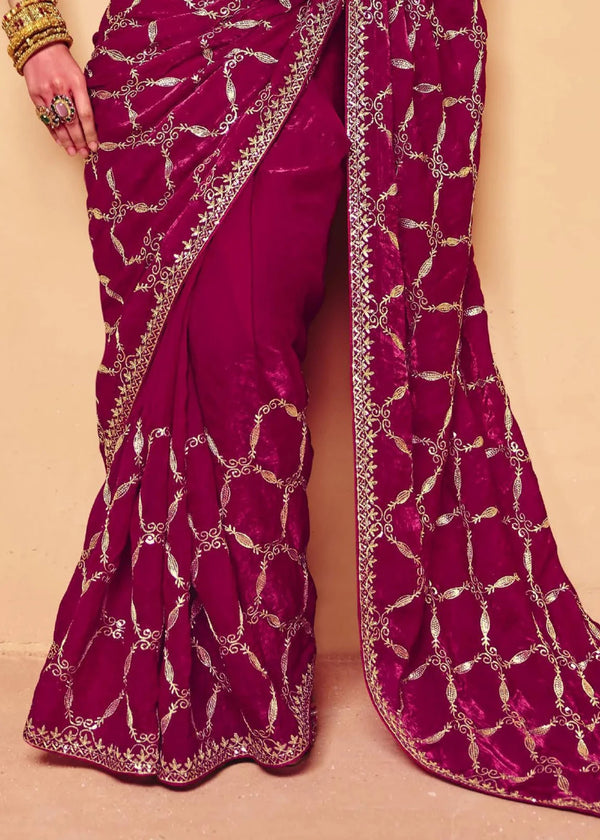 Deep Magenta Satin Silk Designer Saree