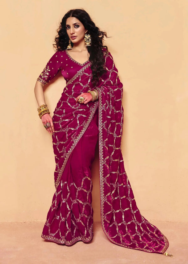 Deep Magenta Satin Silk Designer Saree