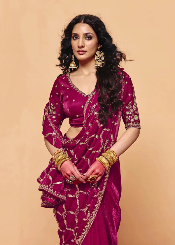 Deep Magenta Satin Silk Designer Saree