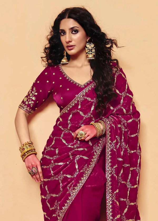 Deep Magenta Satin Silk Designer Saree