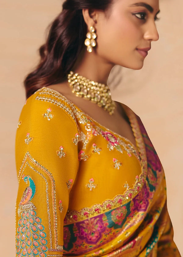 Deep Marigold Mustard Pichwai Designer Dola Silk Saree