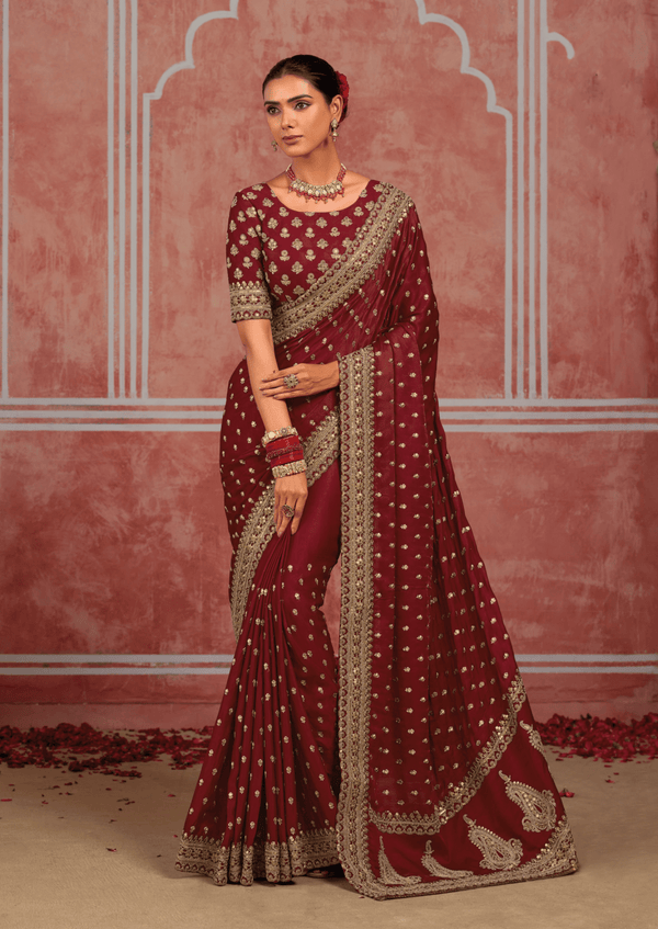 Deep Maroon Embroidered Designer Satin Silk Saree