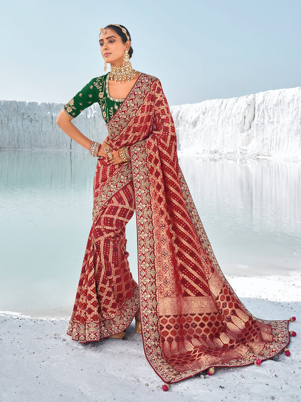 Deep Maroon Georgette Bandhani Patola Saree