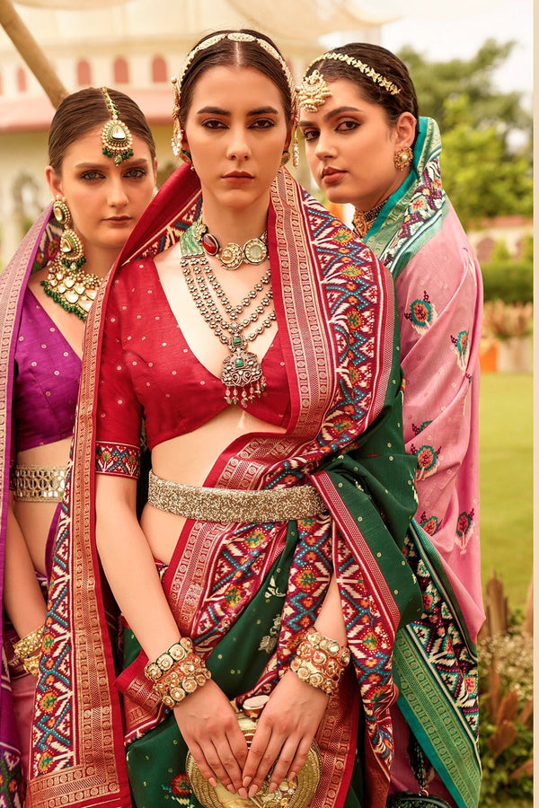 Deep Moss Green Printed Patola Silk Saree