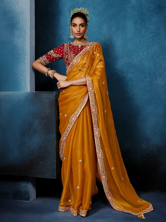 Deep Mustard Designer Silk Saree with Contrast Red Blouse