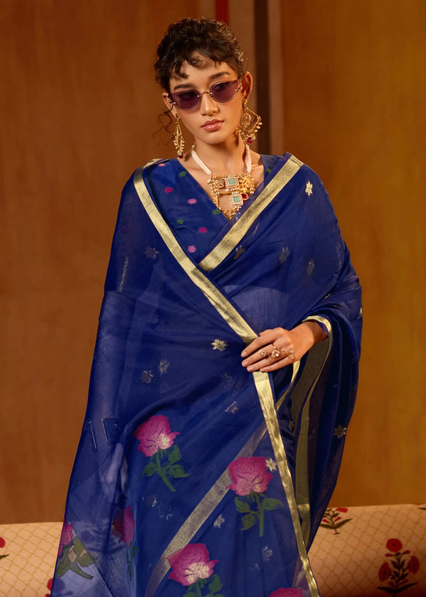 Deep Navy Blue Cotton Silk Saree