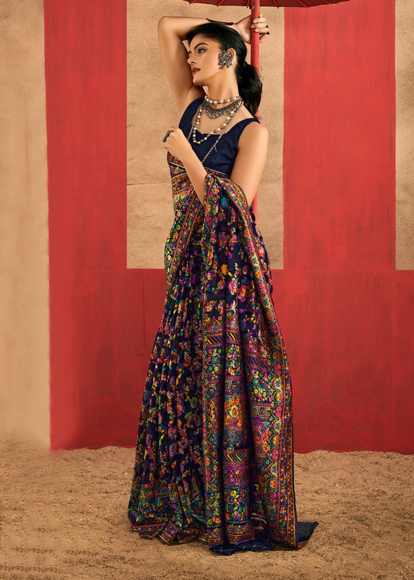 Deep Navy Blue Kashmiri Chinar Cotton Pashmina Saree